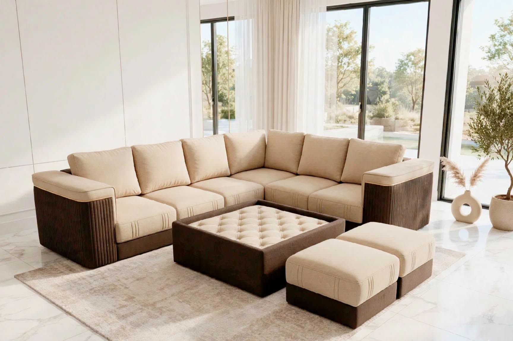 Modern Living Room With Beige Sectional Sofa and Floor-to-Ceiling Windows