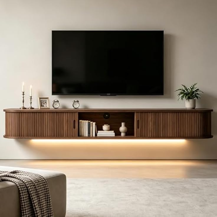 Modern Living Room with Floating Walnut Media Console and Ambient Lighting
